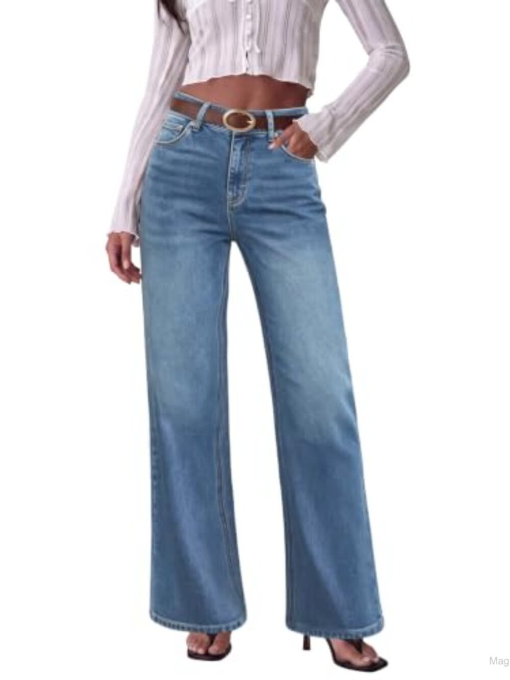 High Waisted Wide Leg Flare Stretchy Jeans Cropped Denim Pants with Pockets